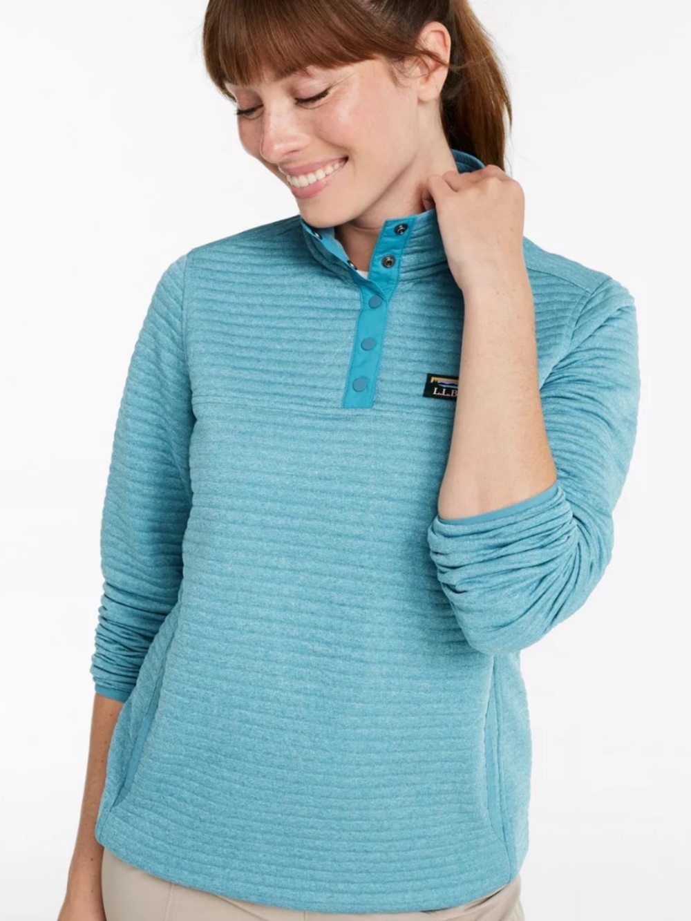 LL Bean Women’s Aqua Blue Airlight Knit Pullover Medium M Quarter Snap Jacket - Picture 2 of 8